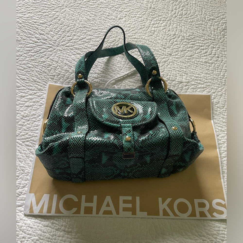NWT RARE Michael Kors Fulton Aqua Blue Green Python Leather Satchel Shoulder Bag
